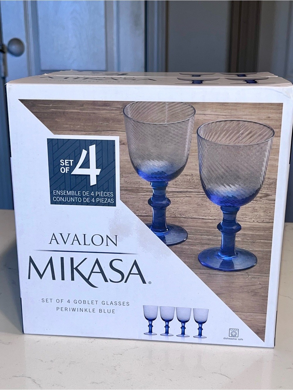 Mikasa Avalon Periwinkle Blue Swirl 14oz Goblet Glasses 7 1/4 tall Set of 4 NIB